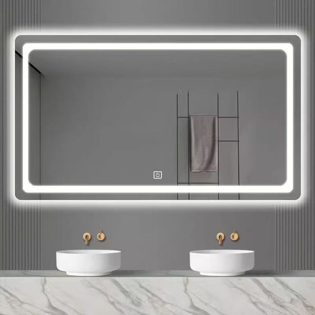 Modern Salon Living Room Wall-Mounted Smart LED Mirror Dimmable Lighting Anti-Fog Glass Lenses Time Display Customizable