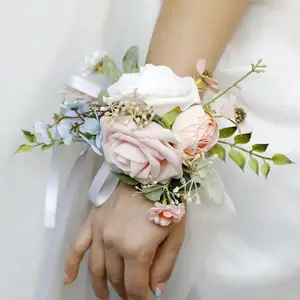 पश्चिमी कोरियन गुलाबी पी गुलाब दुल्हन बहनों की शादी कॉर्सेज कलाई का फूल