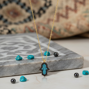 Collar con Colgante Hamsa de Piedra de Zirconia Negra Turquesa Nano, Hecho a Mano en Turquía, Joyería de Plata de Ley 925 al por Mayor - Product Image 3