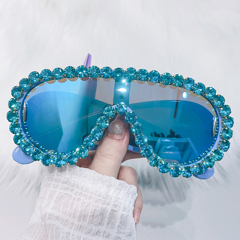 Y2K Blue Silver Mirror Shades - Luxury Crystal Punk Sunglasses