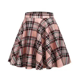 women print skate mini skirt sk42# lady fashion high waist with elastic band plaid skirt girls pleated skirt with safe pant