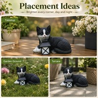 Statue de chat en résine noir et blanc tenant une lanterne, décorations nocturnes solaires lumineuses pour l'extérieur, vente en gros