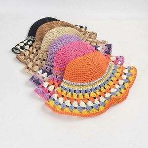 Colorful Paper Crochet Paper Straw Bucket <b>Hat</b> Female Summer New <b>Holiday</b> Large Brim Beach Leisure Sunshade Bucket <b>Hat</b> Straw - Product Image 1
