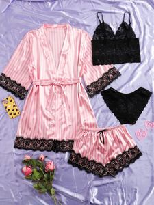 Sfy2034 Conjunto de Pijama de 3 Piezas de Alta Calidad con Encaje Negro a Rayas, Top de Tirantes, Pantalones Cortos y Bata, Ropa de Dormir Cómoda - Product Image 6
