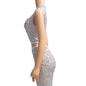 럭셔리 다이아몬드 민소매 섹시한 스팽글 탑과 스커트 투피스 유럽과 미국 스타일 모델 활주로 댄스 드레스