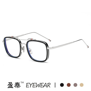New Retro Double Bridge Anti Blue Light Glasses Silver Square Frame Full Framework Plastic Metal <b>PC</b> Lens Plano Lenses Korean - Product Image 4