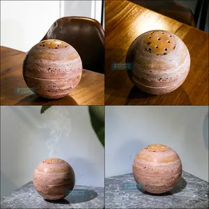 New Design Home Decor Hotel Ornament Religious Buddha Ramadan Arabian Round Ball Natural Red Travertine Incense Burner Holder