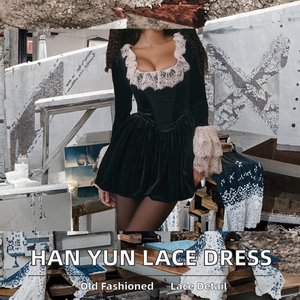 <span class=keywords><strong>Han</strong></span> Yun Vintage femmes automne robes à manches longues décontracté dentelle Patchwork col carré naturel taille avant numérique solide - Product Image 2