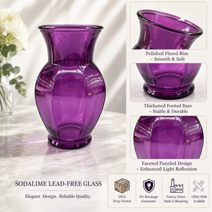 Vase en <span class=keywords><strong>verre</strong></span> côtelé <span class=keywords><strong>à</strong></span> panneaux transparents et violets avec base sur <span class=keywords><strong>pied</strong></span> pour centre de table de mariage et décoration intérieure moderne de luxe en gros - Product Image 2