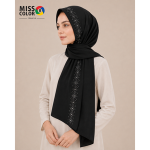 Miss Color Plain Dyed Stone Embellished Crepe <b>Shawl</b> Premium Polyester Chiffon Soft Touch Lightweight Breathable 70x190 Trad - Product Image 1