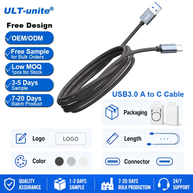 ULT-unite 3A PD 60W Fast Charging USB Cable 10Gbps USB Type a to Type C Cable Braided Jacket Support OEM LOGO Length Packaging