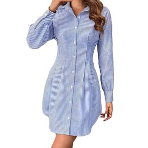 Vestidos de Oficina para Mujer al por Mayor, Personalizados, OEM, de Alta Calidad, con Cuello Blazer a Rayas Azules, Tipo Cárdigan - Product Image 5