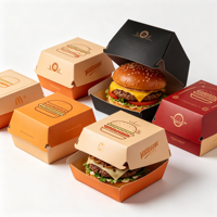 Boîte à hamburger biodégradable en carton blanc, personnalisable avec logo et motif, pour vente en gros, jetable, type clamshell, pour plats à emporter