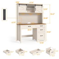 Bureau d'ordinateur portable de style farmhouse avec huche et 4 tiroirs, grand poste de travail en bois blanc rustique pour chambre et bureau