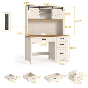Escritorio Ejecutivo Estilo Rústico con Estante Superior y 4 Cajones, Estación de Trabajo Grande de Madera Blanca para Dormitorio o Estudio - Product Image 2
