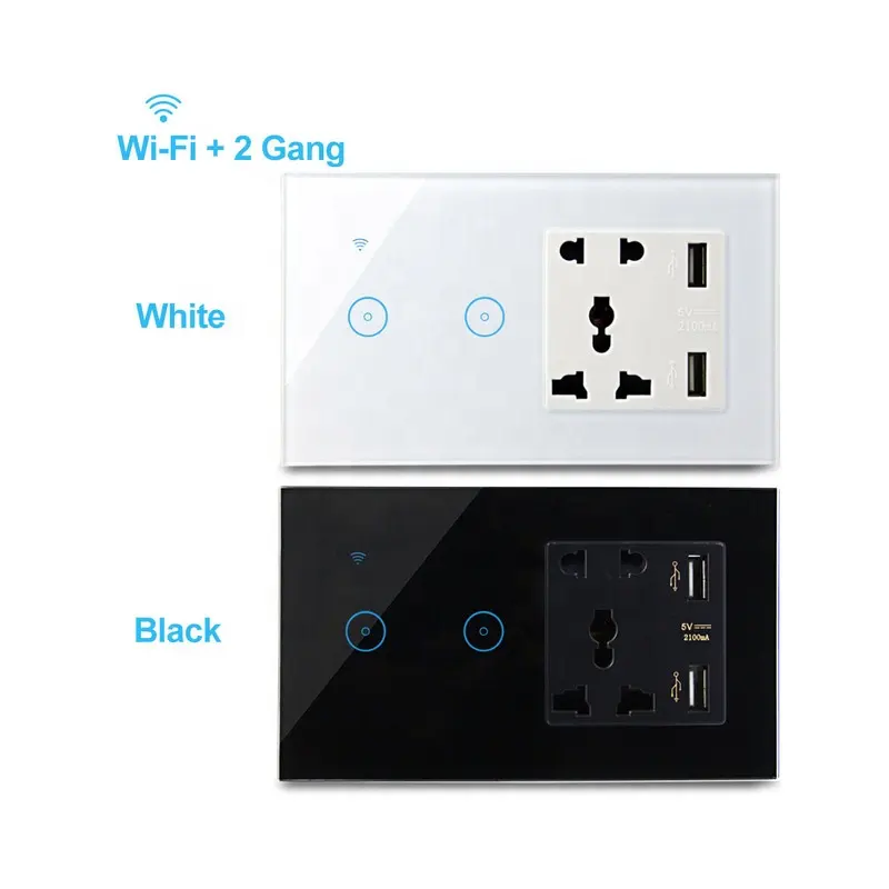 WiFi 5 Hole Universal Socket with USB and Smart Switch 2 Gang Wall Touch Light Switch