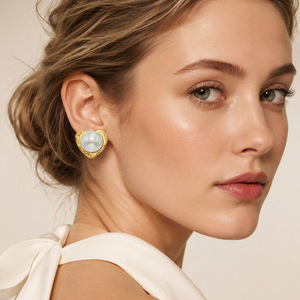 Shield Shape Gold Plated Imitation Pearl Stud Earrings For Women Classic Wedding Jewelry - Product Image 1