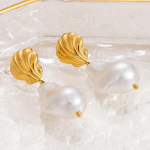 Pendientes de Estilo Europeo Americano con Temática Marina, Acero Inoxidable Chapado en Oro de 18K, Estrella de Mar, Concha, Perla, Coral, para Mujer - Product Image 4