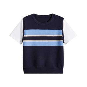 Striped Knit Short Sleeve Summer Women's <b>Top</b> Slim Fit <b>Patchwork</b> T-Shirt Navy Blue And Apricot ZY71 - Product Image 1