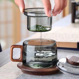 Smoky Gray Glass Teacup With Wooden Handle And Filter For Tea Drinking - Product Image 2