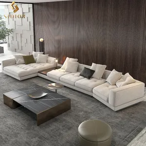 High End Furniture Minimalist Modern Grey Real Leather Sectional Linen Villa 8 Seater Couch Sofa Set L Shaped Corner Sofa Couch