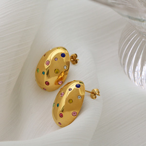 Oval <b>Stud</b> Earrings Gold Colored Stones Bezel Setting Party Jewelry Geometric Design <b>Titanium</b> Steel Hypoallergenic - Product Image 3