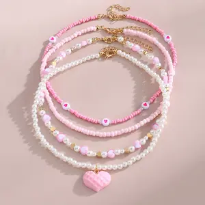 Children Sweet Handmade Pink Pearl Beaded Choker Fashion Cute Heart Butterfly Pendent Gold Plated Love Necklace Sets For Girls