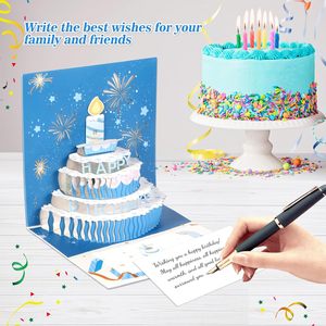 Pop Up anniversaire cartes de voeux avec enveloppe 3D joyeux anniversaire cartes-cadeaux gâteau bougies feu d'artifice lumière LED musique bricolage numéros - Product Image 4