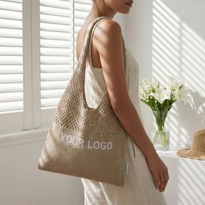Sac fourre-tout en maille jacquard personnalisé de qualité supérieure avec logo, sac à cordon ajouré pour la plage et l'usage quotidien estival - Product Image 3