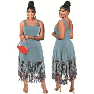 2025 Hot SaleXL-5XL Plus Size Denim Sleeveless Halter Fringe Patchwork Jeans <strong>Dress</strong> for Women - Product Image 2