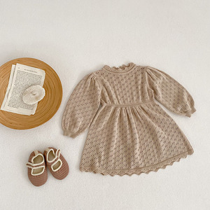 Nuevo Vestido de Princesa de Punto de Color Sólido para Niñas, Ropa de <span class=keywords><strong>Hermanas</strong></span> con Mangas Abullonadas para Primavera y Otoño - Product Image 4