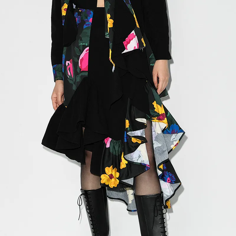 Falda Midi de tela con estampado Floral, pañuelo de retales negro