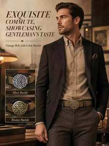 Hebilla de Cinturón Redonda de Aleación de Zinc con Nudo Celta Vintage, Cinturón Casual Occidental de Cuero PU con Grabado Floral para Hombre - Product Image 1