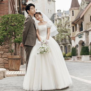 Wedding Dress Square Collar Natural Waist Off White Simple Style For Brides Wedding Day Travel Photography - Product Image 2