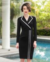 Robe de soirée/d'affaires noire pour femme, style décontracté de luxe, col en V, boutonnée, grande taille, mi-mollet, coupe ajustée, en Spandex/Polyester