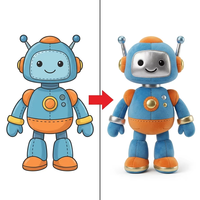 Peluche robot rétro personnalisée, design antenne argentée métallique, confectionnée sur mesure à partir de croquis de dessin animé science-fiction du client