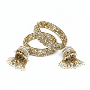 Designer Austrian Stone & Pearl <b>Bangles</b> <b>Set</b> 2.6" Elegant Statement Jewelry Premium Wedding Accessories - Product Image 2
