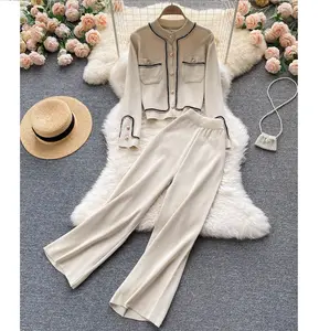 Fall New Empire Show Thin Single Breasted Knit Cardigan Two Piece Wide Leg Pants Set For Women