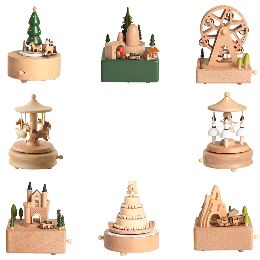 MAECH EXPO Hot selling wooden music boxes birthday cake Ballerina Play time with toy train wooden music box