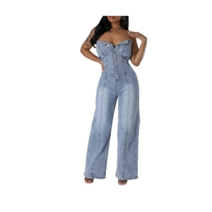 Mono vaquero casual de mujer estilo urbano sexy sin tirantes con pierna ancha a la moda - Product Image 1