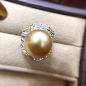 Bague en argent naturel S925 avec perles rondes de 13-14 mm, forte luminosité avec légers défauts, design de robinet incrusté de perles dorées riches - Product Image 2