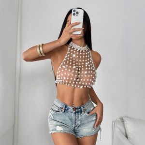 <span class=keywords><strong>Abbigliamento</strong></span> femminile di tendenza, collane di perle con catena metallica personalizzata, mini gilet traforati, sexy e provocante - Product Image 3