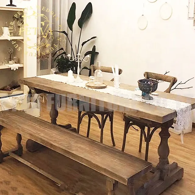 طاولات مطاعم للأماكن المفتوحة طاولة طعام قطعة واحدة من خشب الساج بتصميم قديم