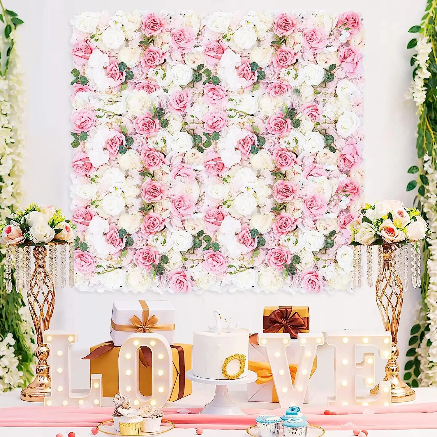 Floral Wall 3d Roll Up Hanging Rose Hydrangea Artificial Silk White Pink Flower Wall Backdrop For Wedding Decoration Party