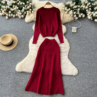 Ensemble élégant de cardigan en tricot à col en V et jupe midi taille haute pour femmes, automne-hiver