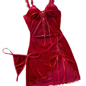 Conjunto de Lingerie Casual Sexy de Renda para Mulheres, Vestido de Noite Vermelho de Natal, Roupa de Dormir Bodycon com Fenda Alta - Product Image 6