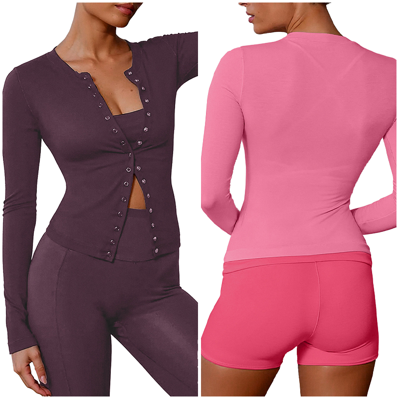 Women's Long-Sleeved Yoga Tank Top Button Design Breathable Spandex/Nylon Fabric for Pilates Running Fitness