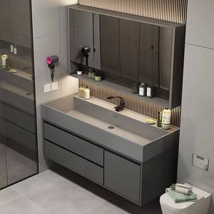 <span class=keywords><strong>Meuble</strong></span>-lavabo mural gris moderne avec miroir LED intégré, <span class=keywords><strong>vasque</strong></span> intégrée et grand rangement pour hôtel - Product Image 4