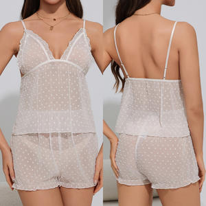 Ensemble de Nuit Luxe Femme Été en Satin Uni Sexy Dos Nu Deux Pièces Short Taille Élastique Sans Manches en Maille Transparente - Product Image 2