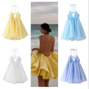 Plage dos nu court gonflé fronde Robe femmes Sexy à lacets sans manches a-ligne robes 2025 été dame vacances bord de mer solide Robe - Product Image 1